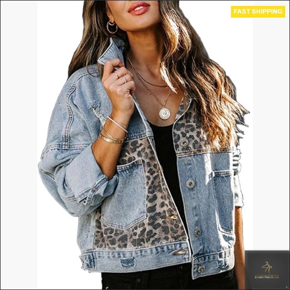 Distressed Denim Jacket Leopard Patchwork Cropped Drape Shoulder Boyfriend Style